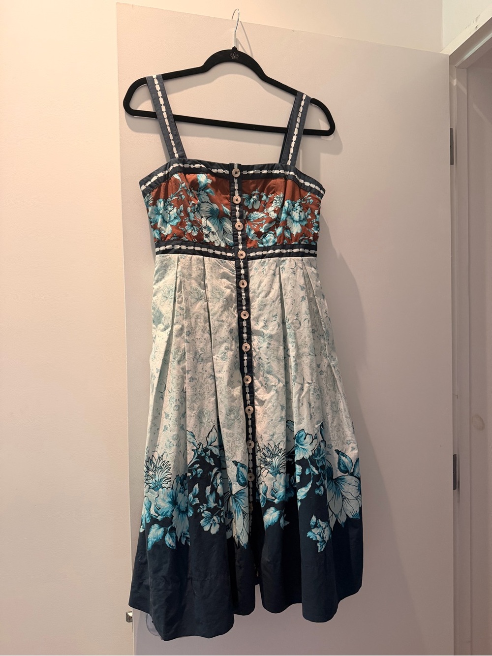 Maeve Floral Midi Dress in Brown, White, and Teal - Picture 3 of 4